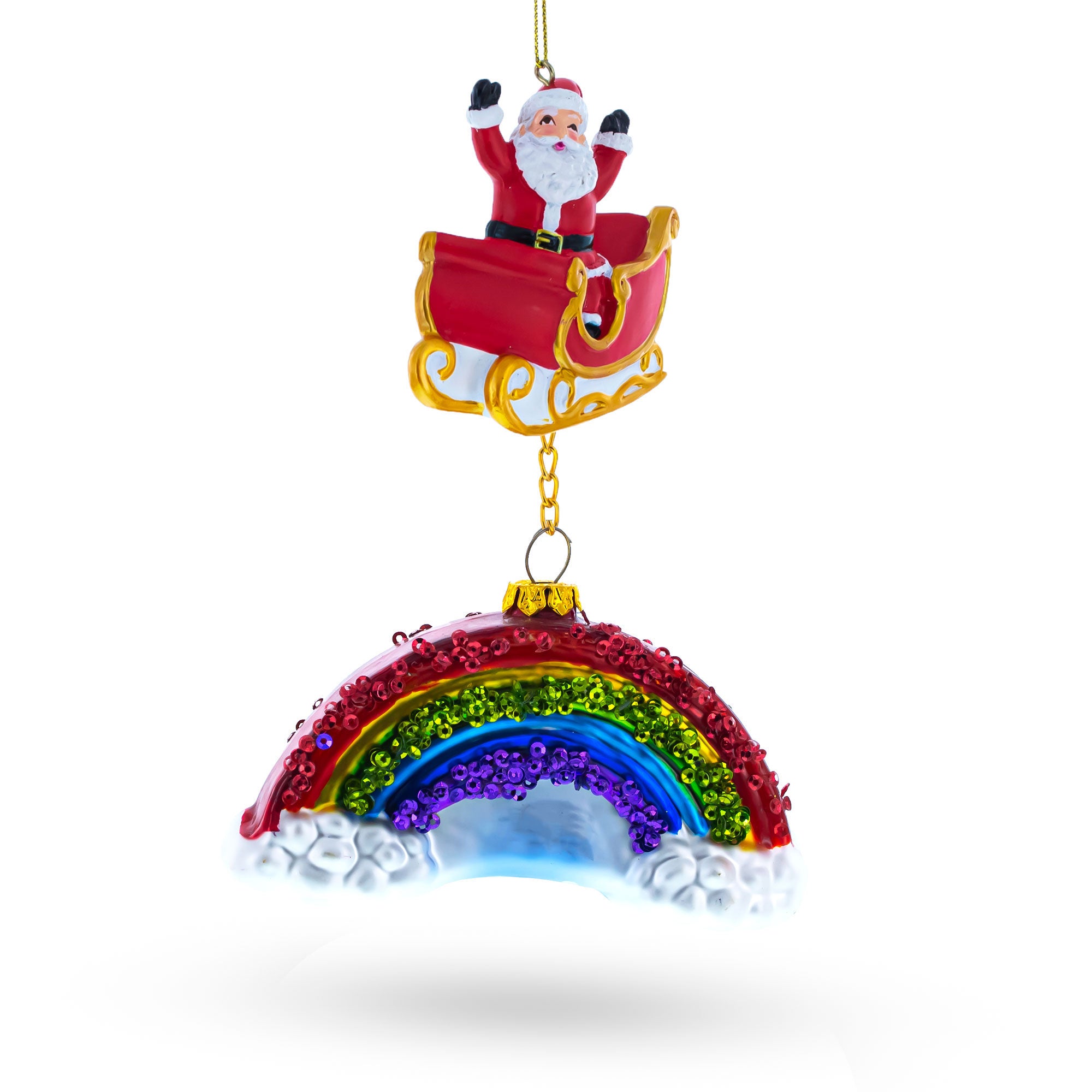 Santa Rainbow Sleigh Ride Glass Christmas Ornament in Multi color Figurine