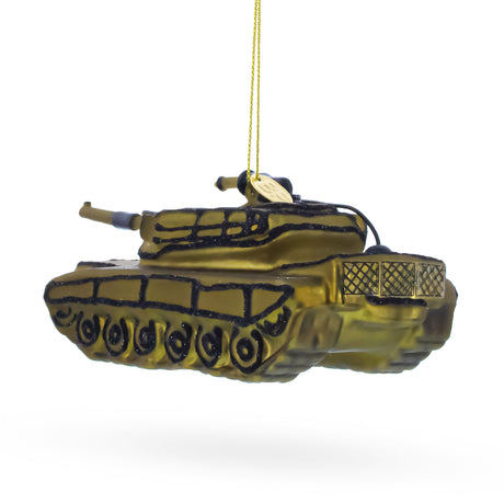 Military Army Tank Blown Glass Christmas Ornament , dimensions in inches: 5.9 x 2.7 x 2.3
