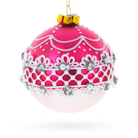 Elegant Laced Pink Blown Glass Christmas Ornament in Pink color Round