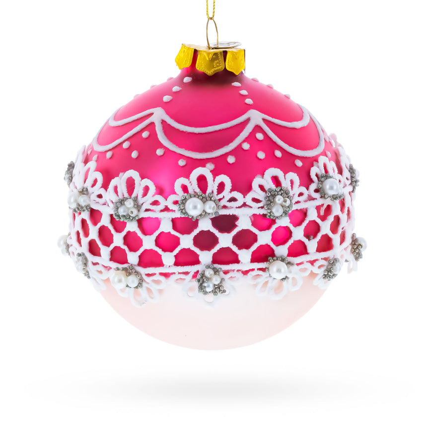 Elegant Laced Pink Blown Glass Christmas Ornament in Pink color Round