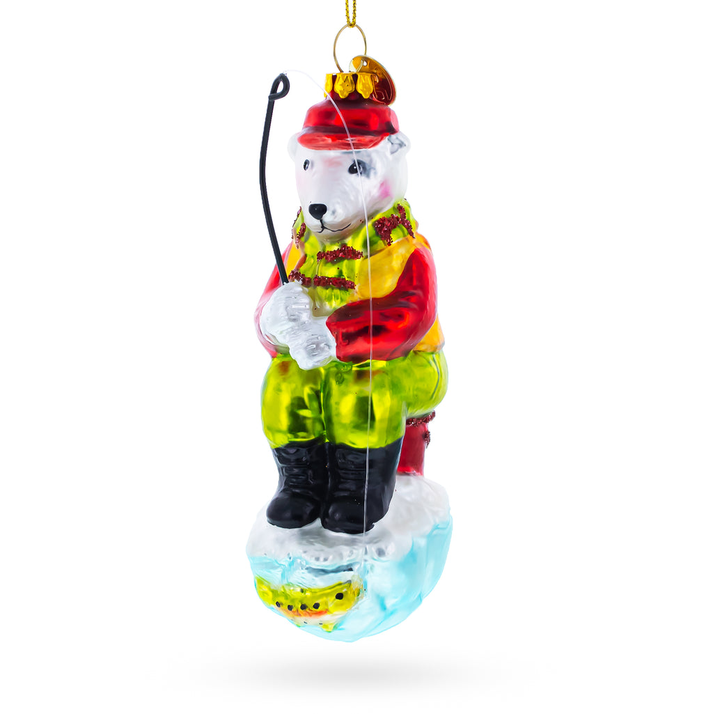 Polar Bear Ice Fishing Glass Christmas Ornament in Green color Figurine