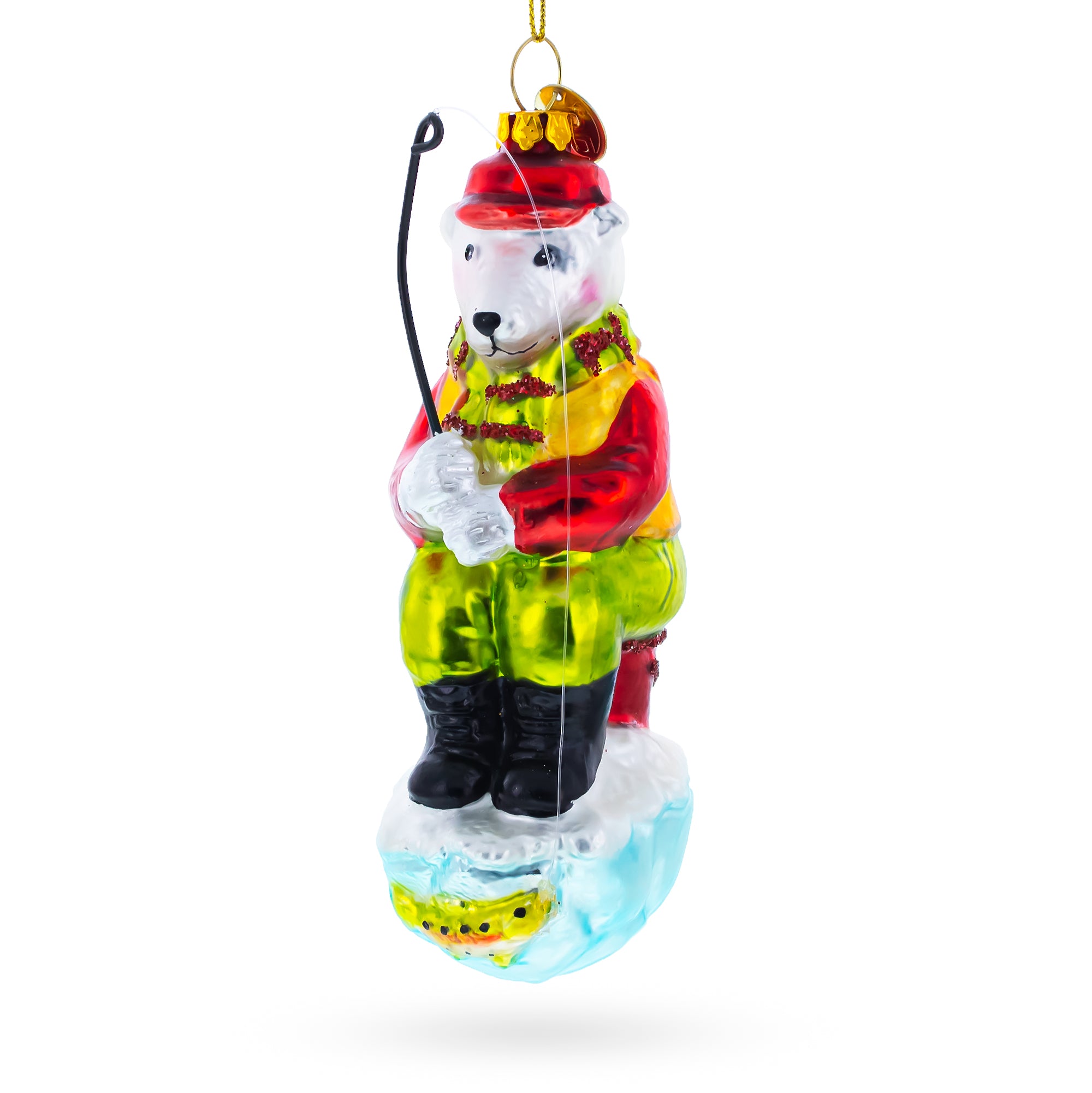 Polar Bear Ice Fishing Glass Christmas Ornament in Green color Figurine