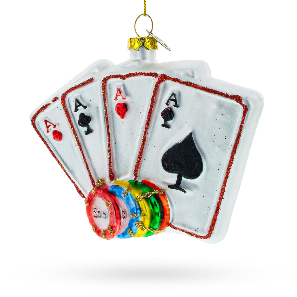 Casino Chips and Playing Cards Glass Christmas Ornament in White color Figurine
