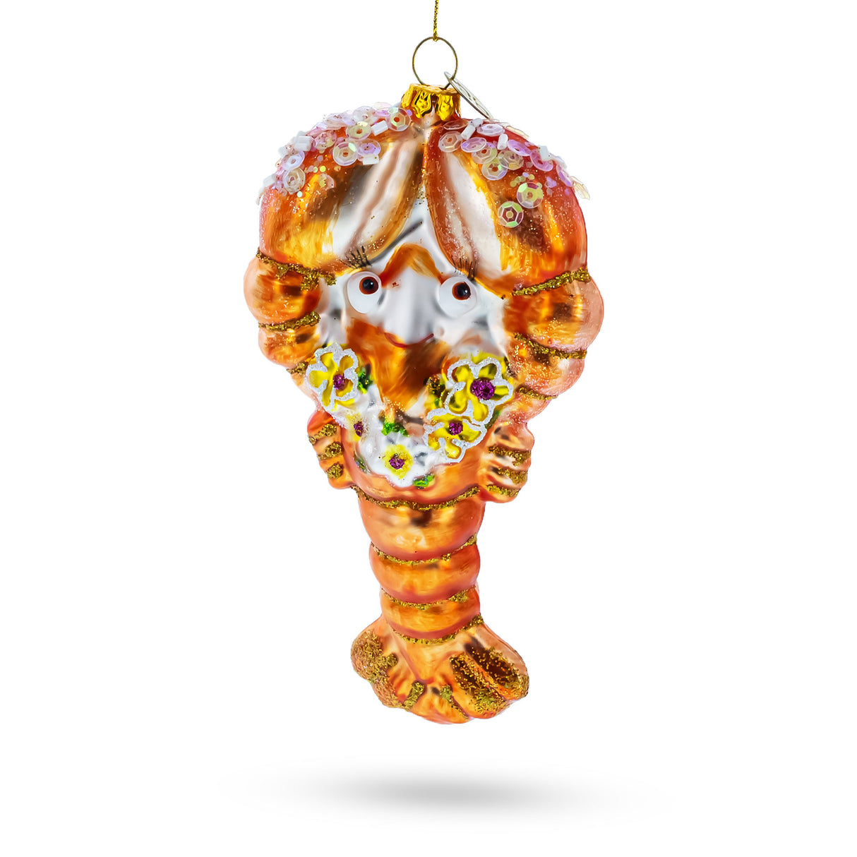 Festive Lobster with Beads - Blown Glass Christmas Ornament in Orange color,  shape