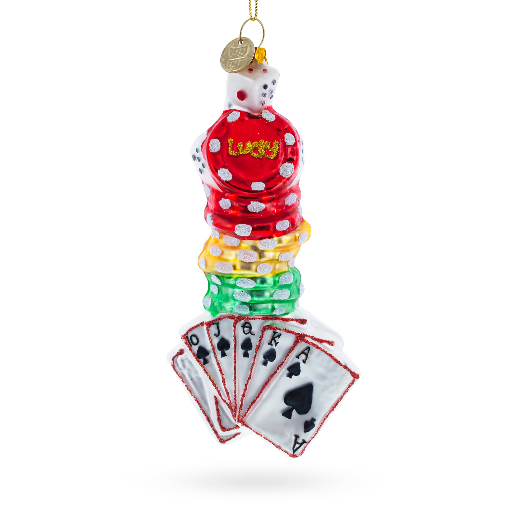Casino Poker Chips and Cards Glass Christmas Ornament in Multi color Figurine