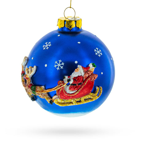 Santa in Sleigh with Reindeer Blown Glass Christmas Ornament in Multi color Round