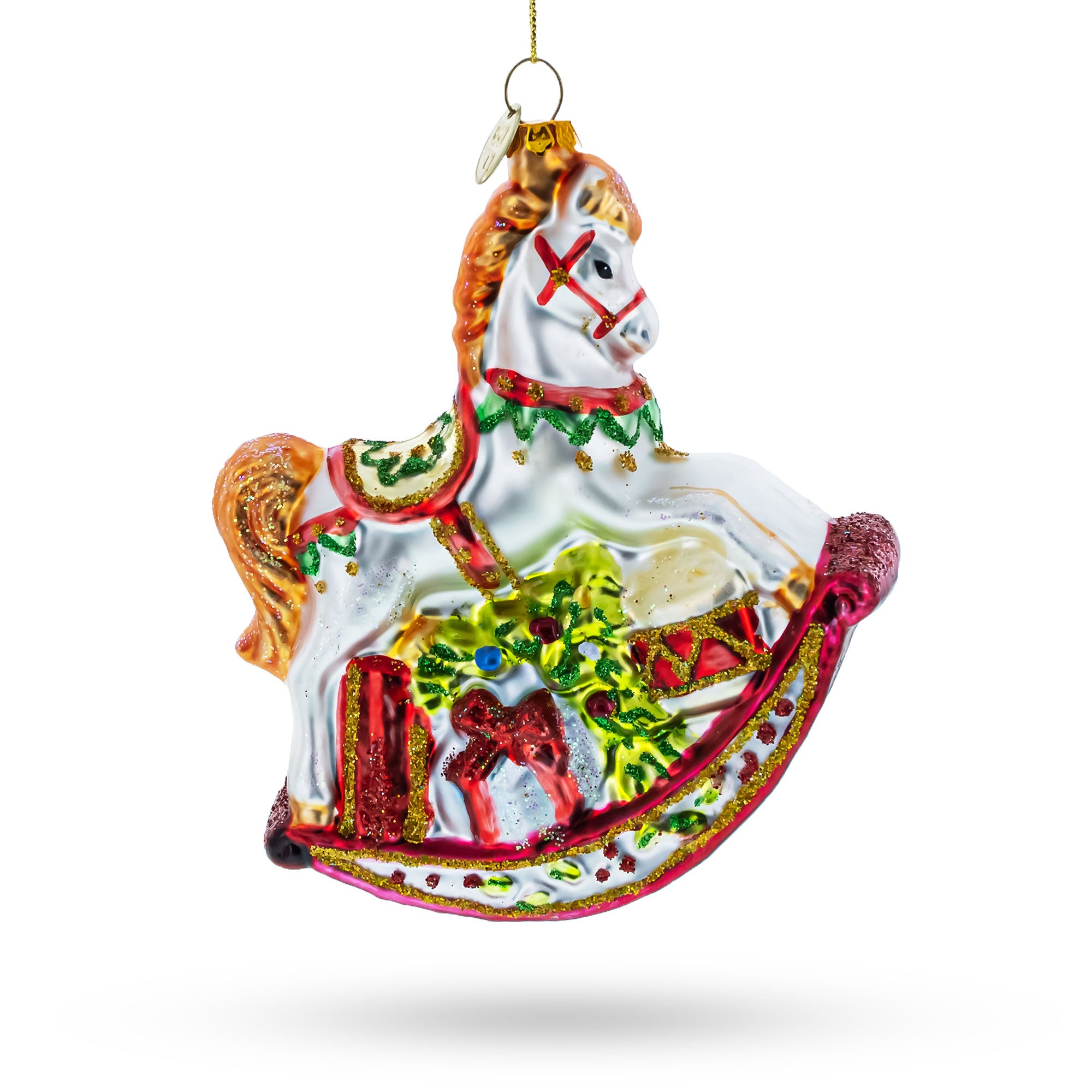 Traditional Rocking Horse with Gifts Glass Christmas Ornament in Multi color Figurine