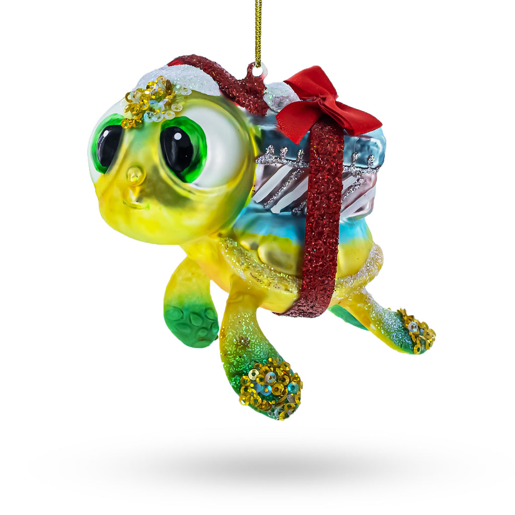 Baby Turtle Carrying Gifts Glass Christmas Ornament in Green color Figurine