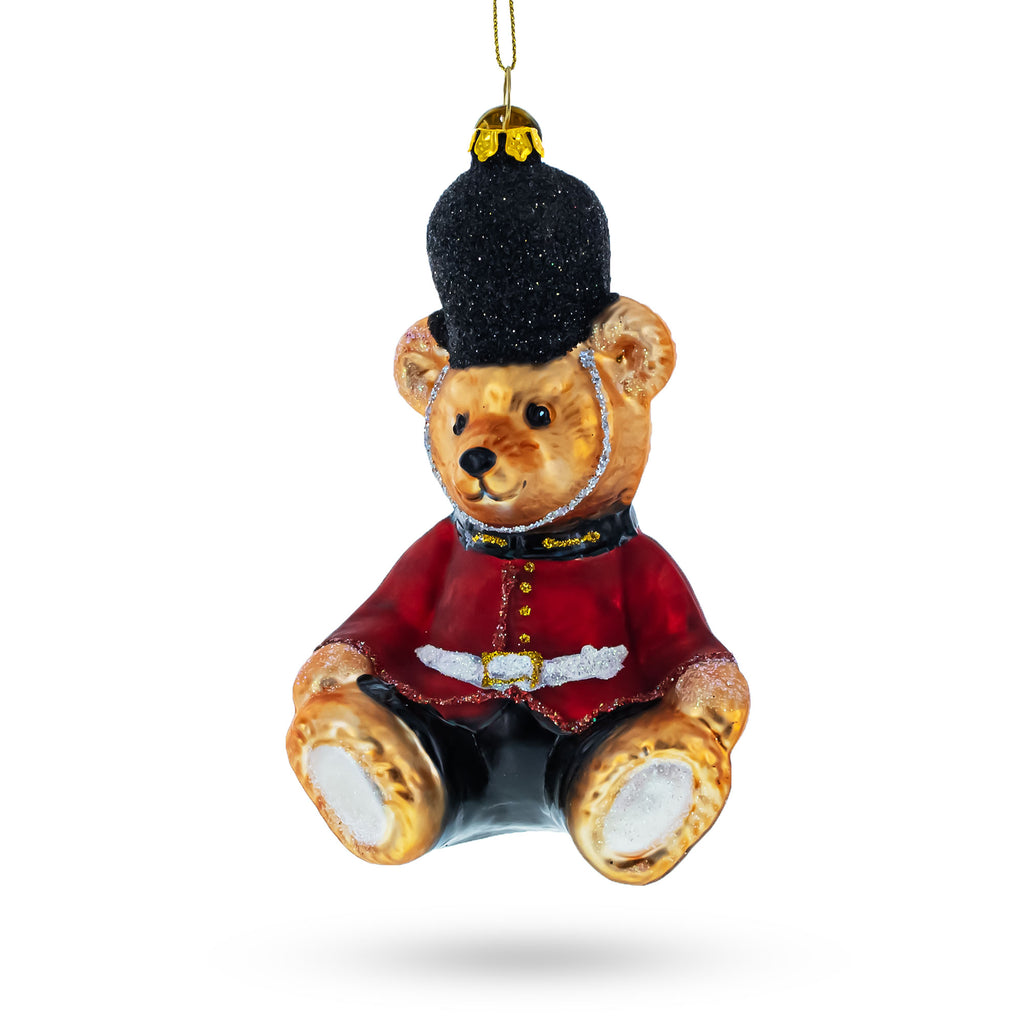 Teddy Bear in King's Guard Uniform Glass Christmas Ornament in Multi color Figurine