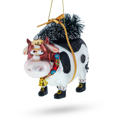 Whimsical Cow Carrying Tree Blown Glass Christmas Ornament in Multi color