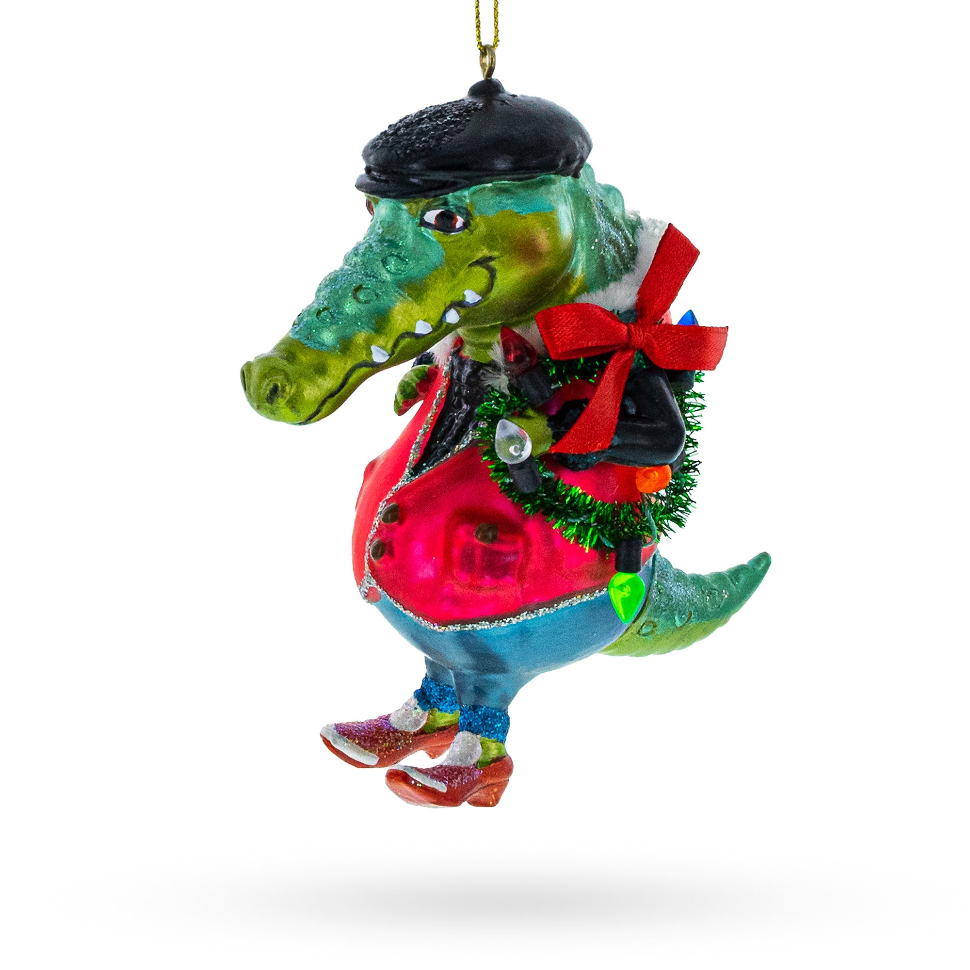 Alligator Wearing Costume Glass Christmas Ornament in Red color Figurine