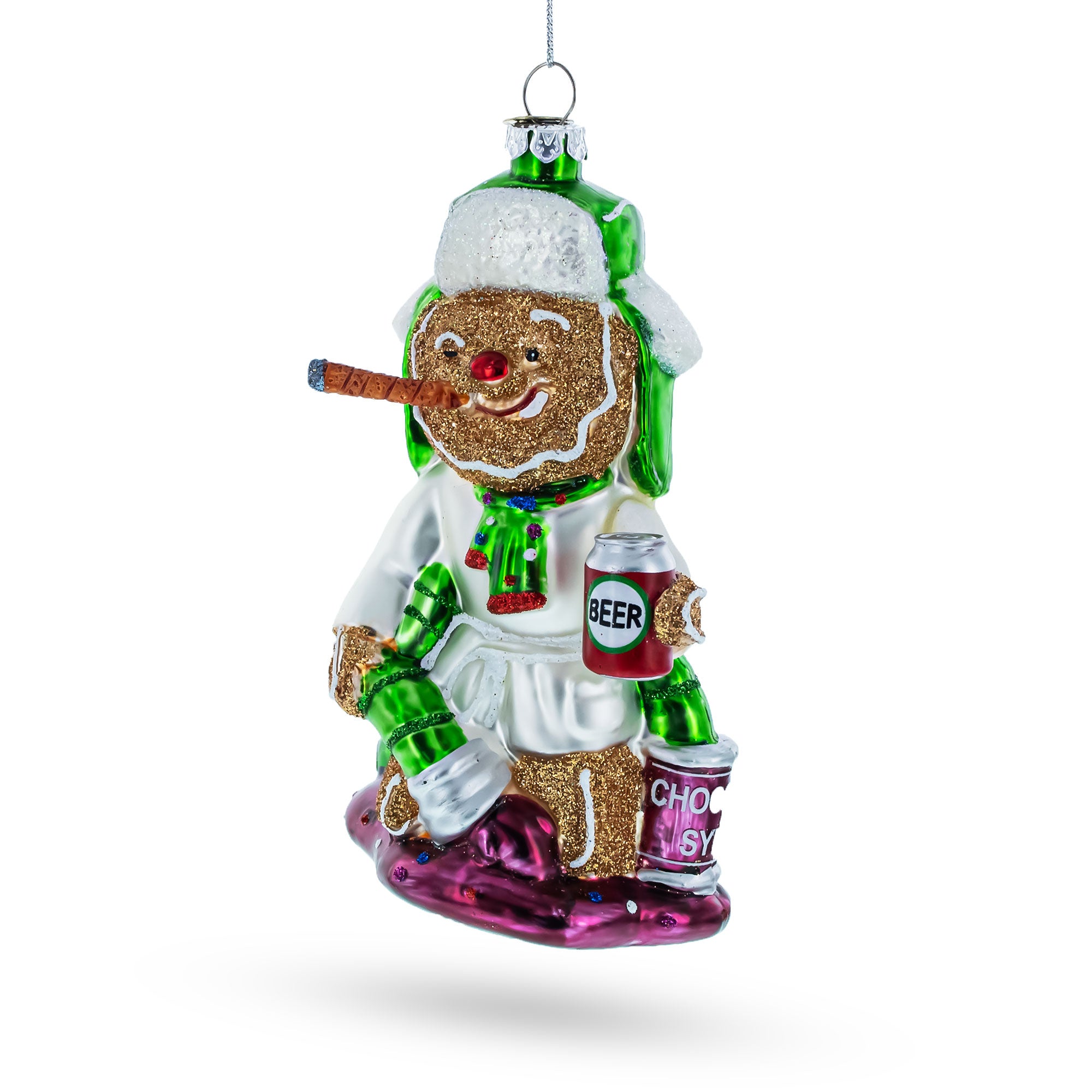 Gingerbread Party Relaxer Glass Christmas Ornament in Green color Figurine