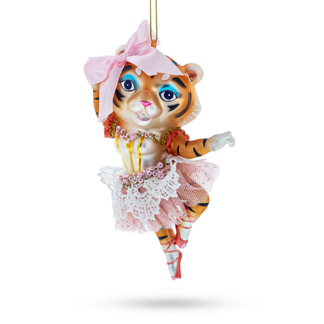 Elegant Lady Tiger in Pink Dress Glass Christmas Ornament in Multi color