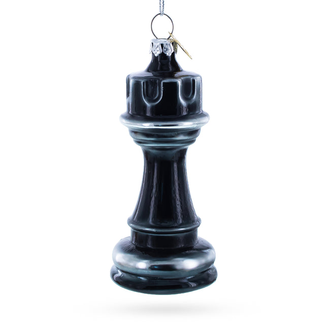 Regal Chess Black Rook (Castle) Blown Glass Christmas Ornament in Black color,  shape