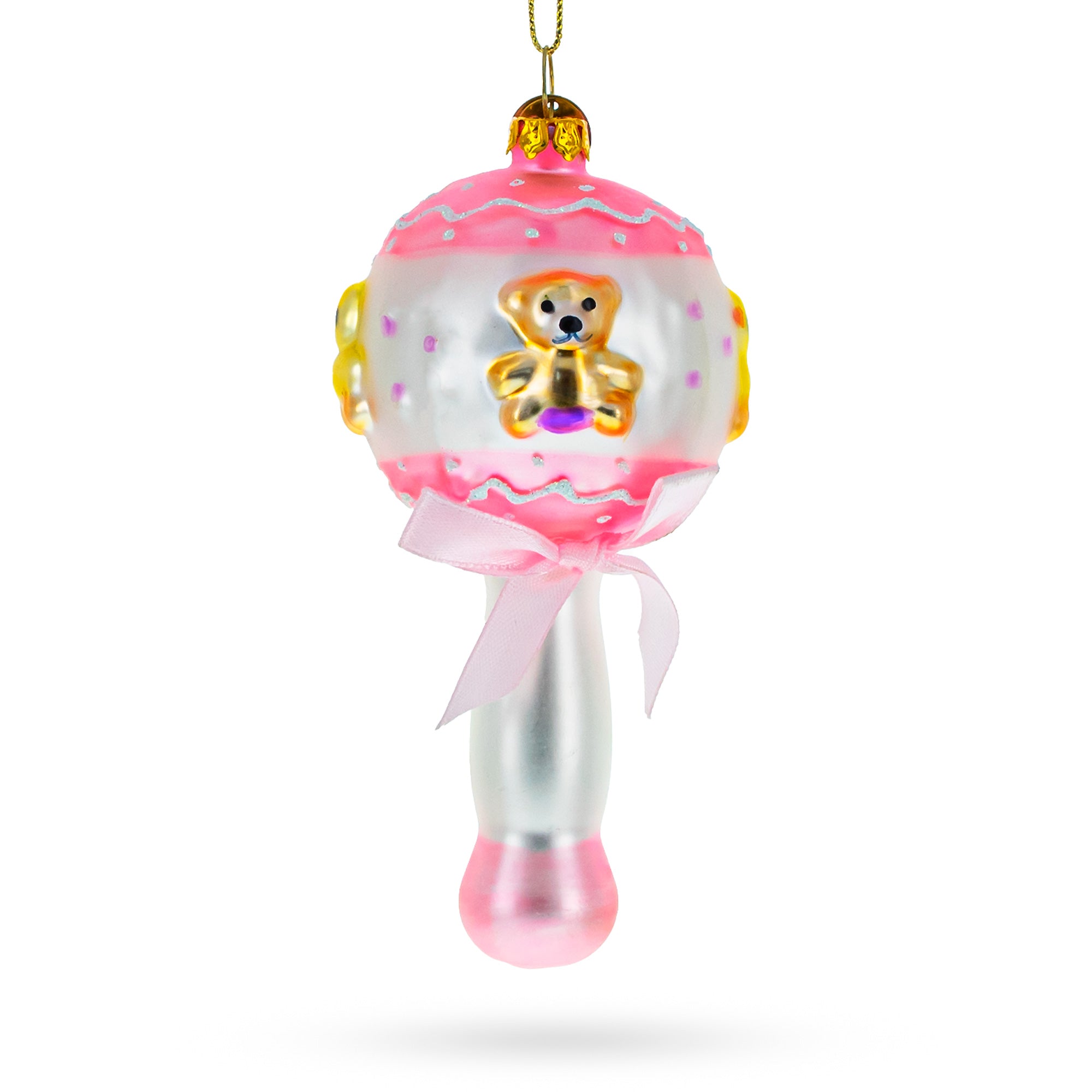 Delightful Baby Pink Rattle Blown Glass Christmas Ornament in Multi color Figurine