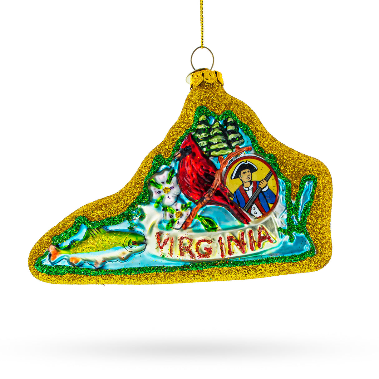 Glass State of Virginia, USA - Blown Glass Christmas Ornament in Multi color