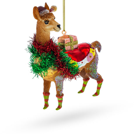 Glass Festive Llama with Gifts - Blown Glass Christmas Ornament in Brown color