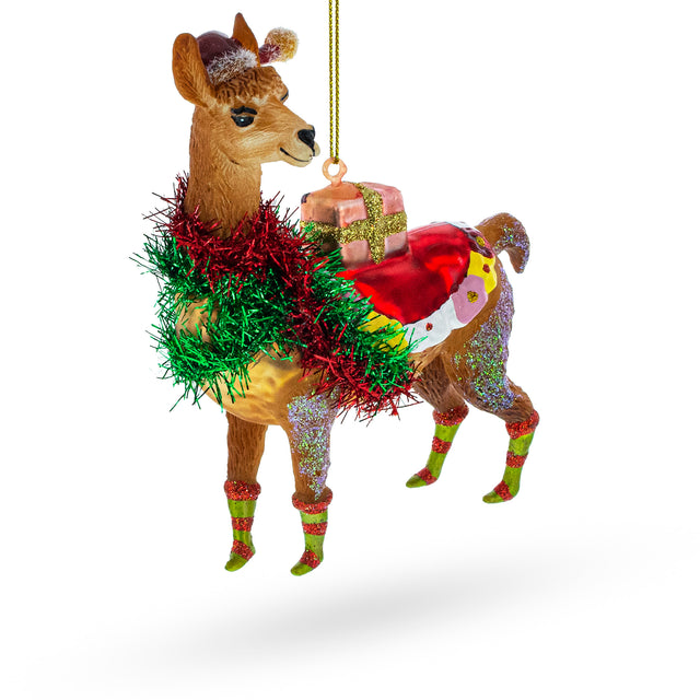 Festive Lama with Gifts Blown Glass Christmas Ornament in Brown color