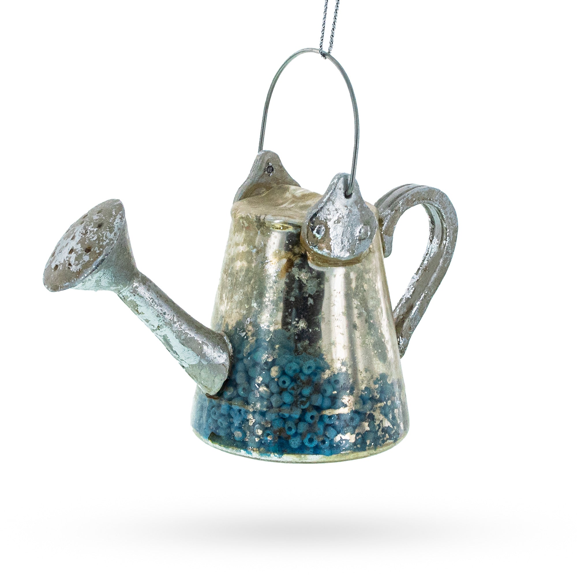 Rustic Metal Watering Can Blown Glass Christmas Ornament in Silver color Figurine