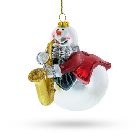 Glass Jazzy Snowman Playing Saxophone - Blown Glass Christmas Ornament in Multi color