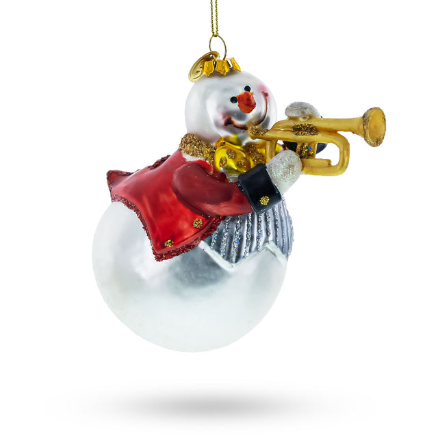 Glass Festive Snowman Playing Trumpet - Blown Glass Christmas Ornament in Multi color