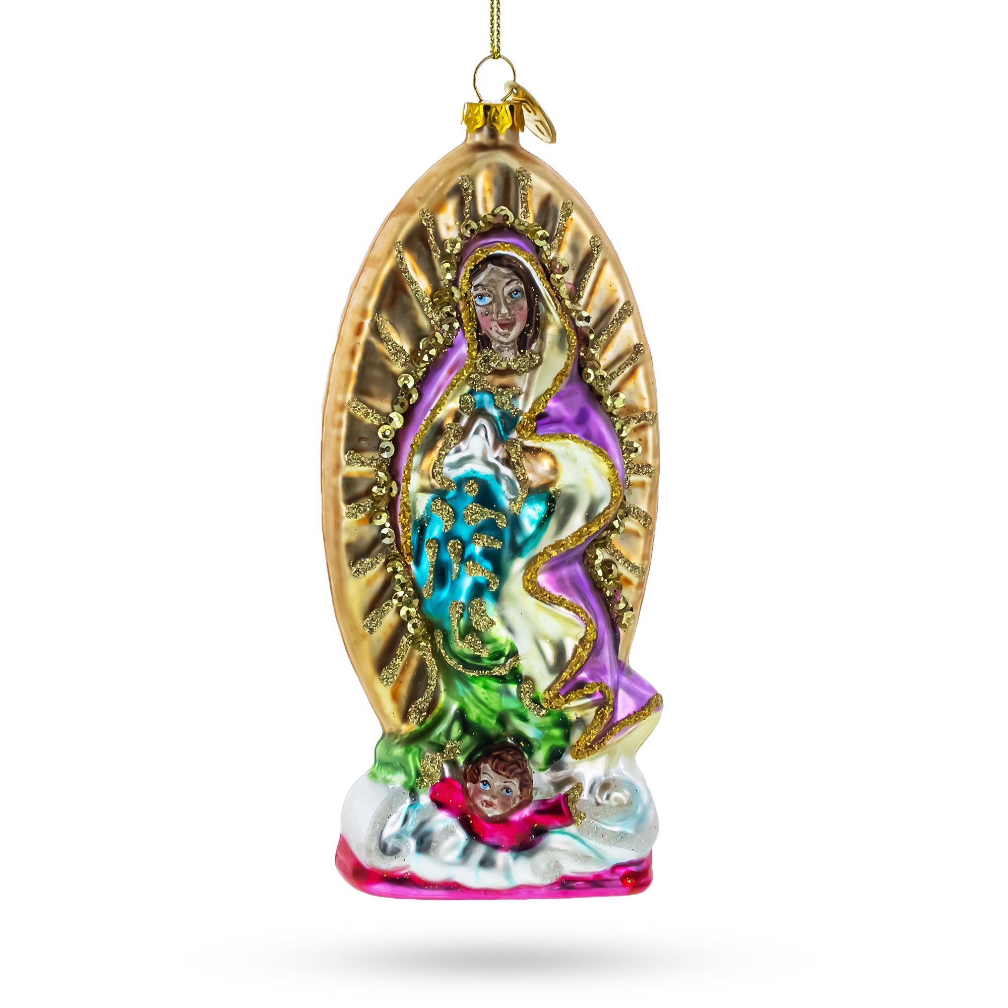 Reverent Virgin Mary Blown Glass Christmas Ornament in Multi color Figurine