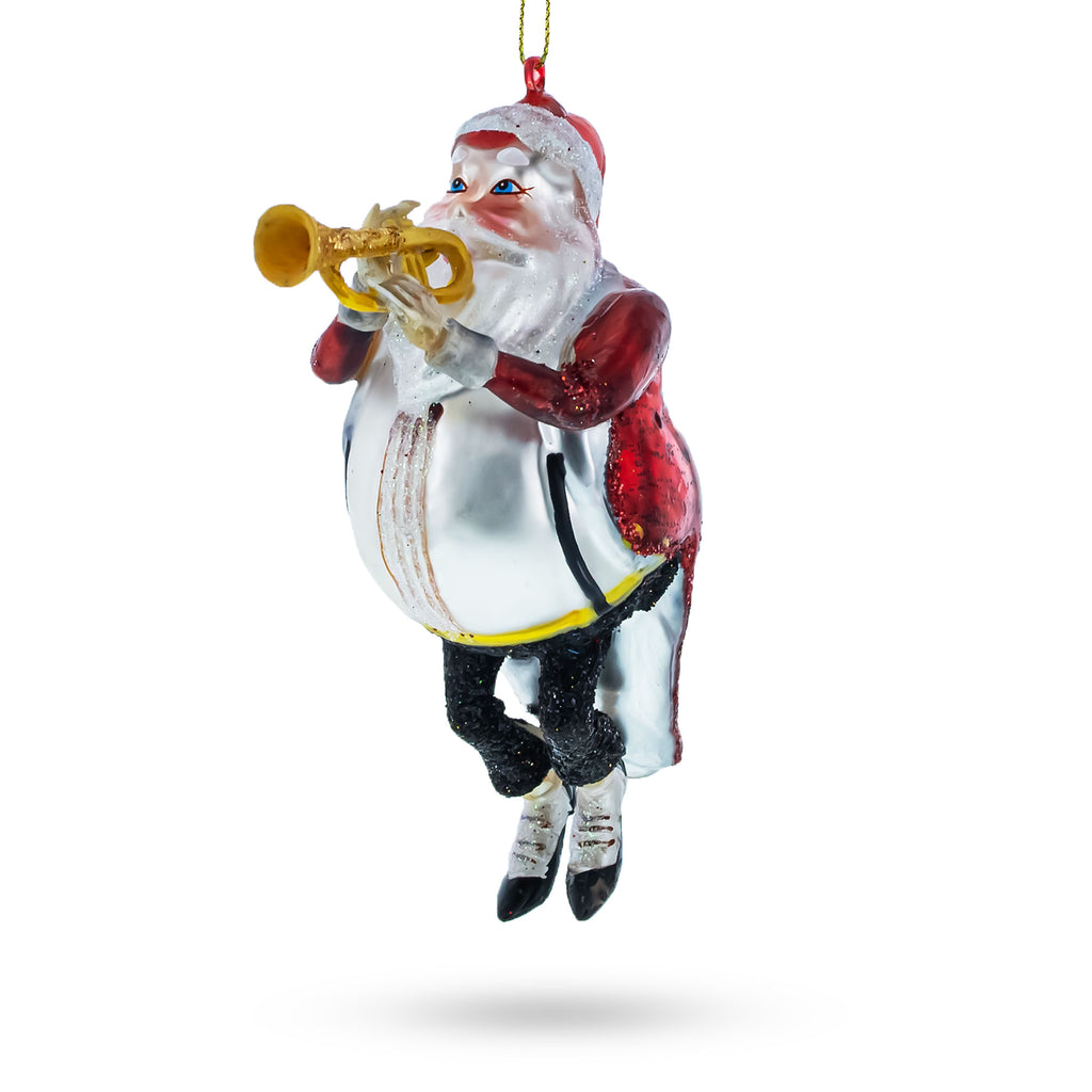 Santa Playing Trumpet Glass Christmas Ornament in Multi color Figurine