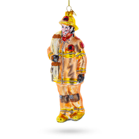 Heroic Fireman with Hose Blown Glass Christmas Ornament in Orange color,  shape