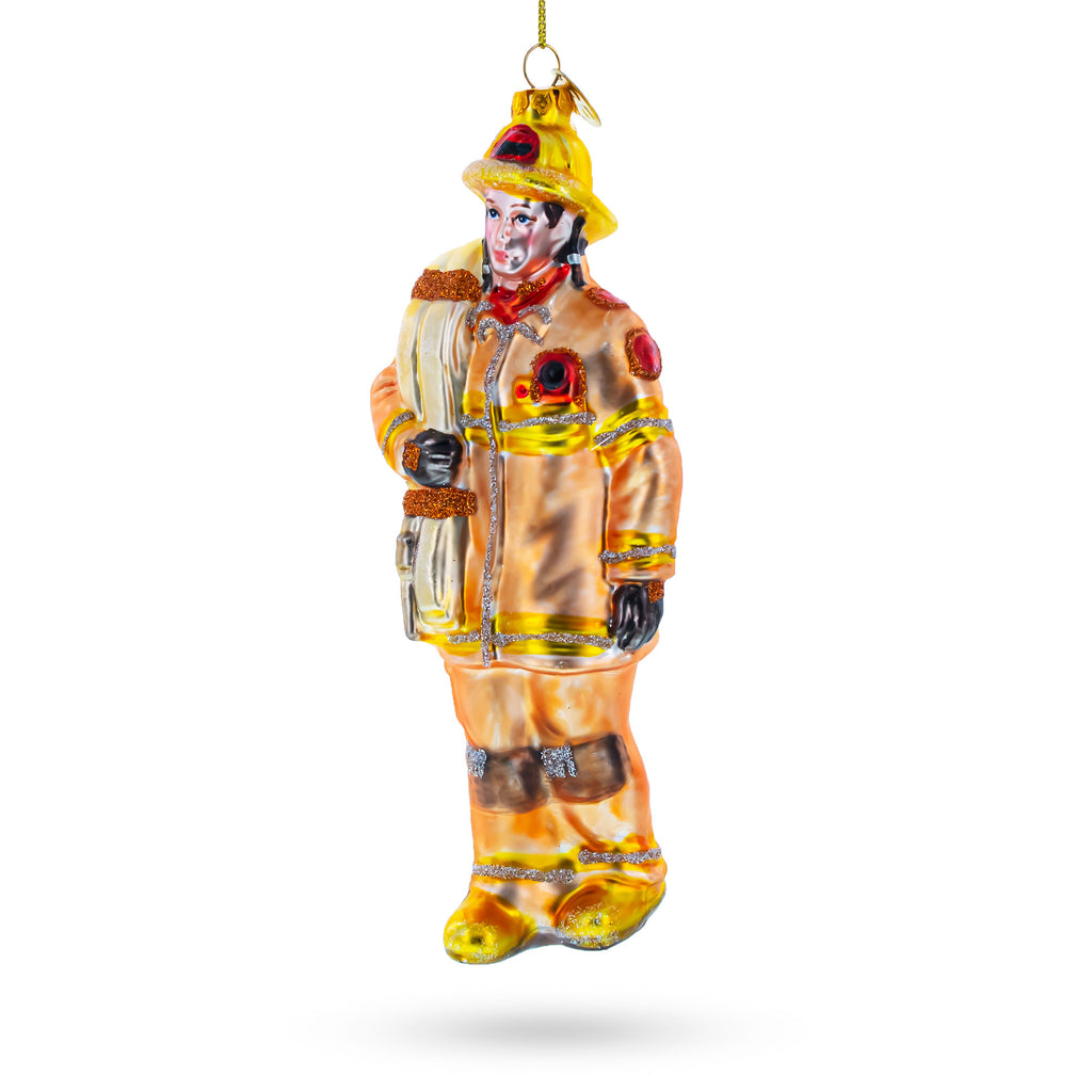 Heroic Fireman with Hose Glass Christmas Ornament in Orange color Figurine