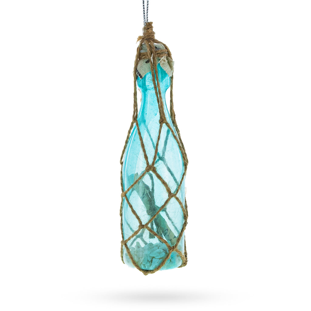 Glass Nautical Sea Bottle with Sand - Blown Glass Christmas Ornament in Blue color