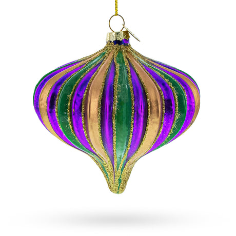 Vibrant Multicolored Onion Finial Blown Glass Christmas Ornament in Purple color, Oval shape