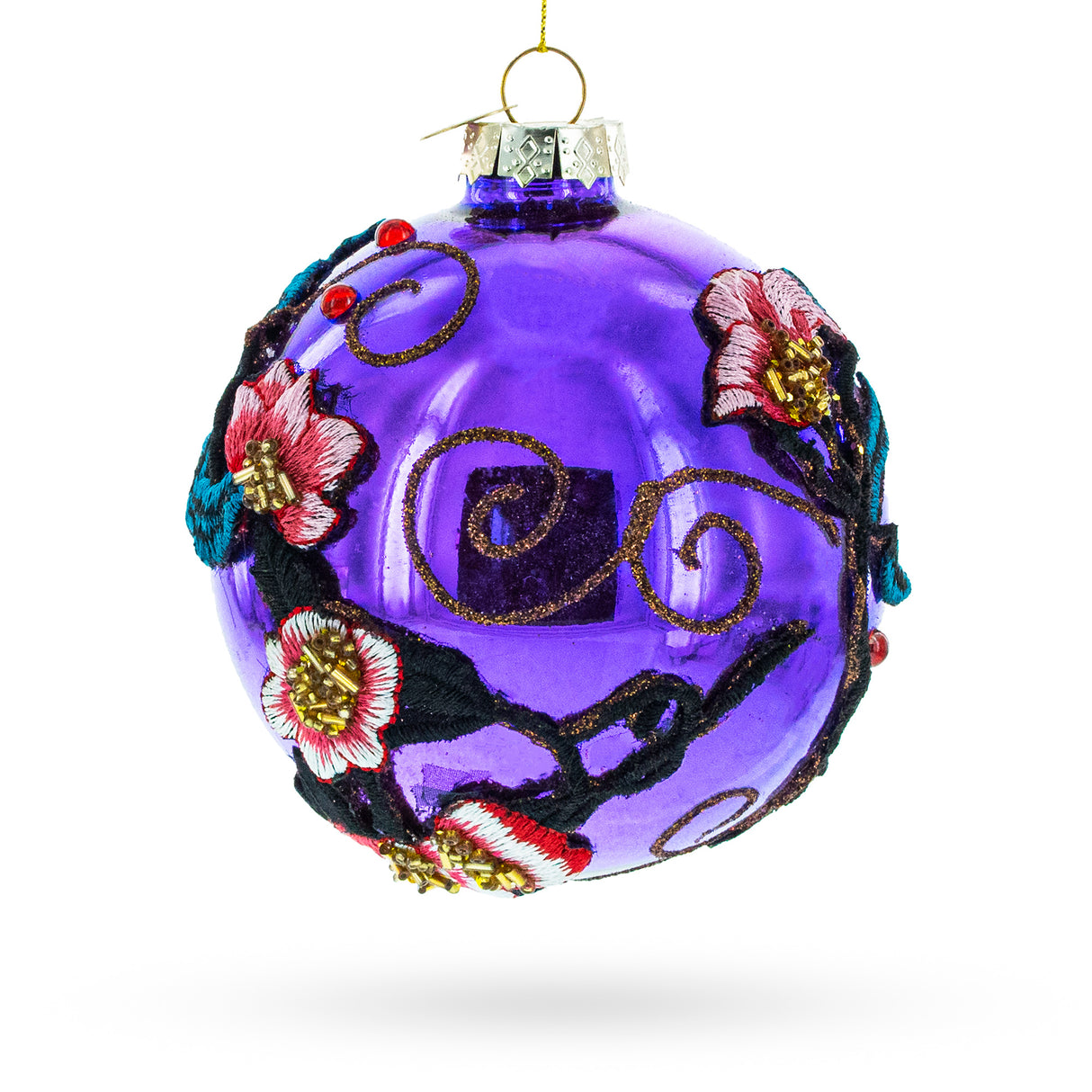 Intricate Embroidered Flowers on Purple Blown Glass Ball Christmas Ornament in Purple color, Round shape