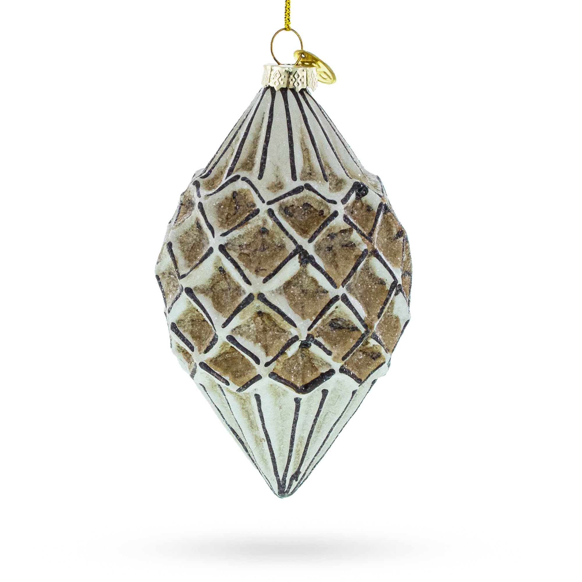 Geometric Vintage-Style Rhombus Finial Glass Christmas Ornament in Beige color Finial