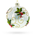 Embroidery Style Poinsettia Glass Ball Christmas Ornament in White color Round