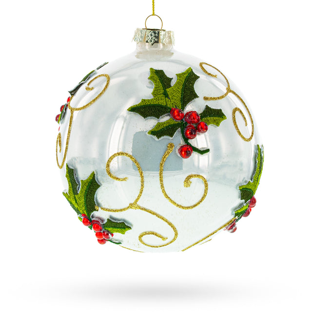 Embroidered Poinsettia Blown Glass Ball Christmas Ornament in White color Round