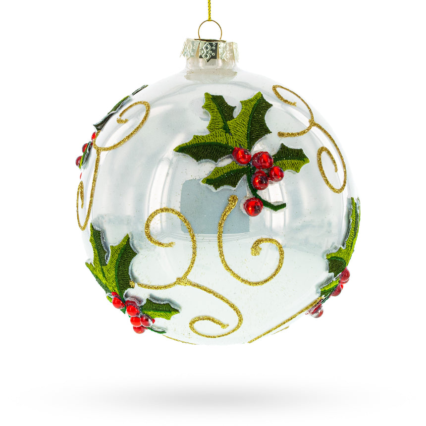 Embroidered Poinsettia Blown Glass Ball Christmas Ornament in White color Round