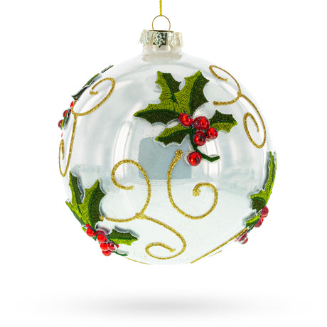 Exquisite Embroidered Poinsettia - Blown Glass Ball Christmas Ornament in White color, Round shape