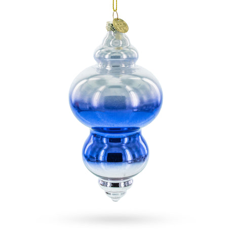 Elegant Silver-Topped Blue Finial Blown Glass Christmas Ornament in Blue color,  shape