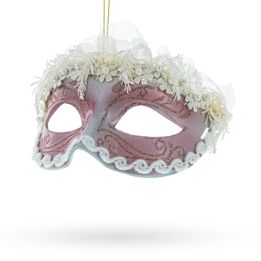 Whimsical Carnival Mask Glass Christmas Ornament in Pink color Figurine