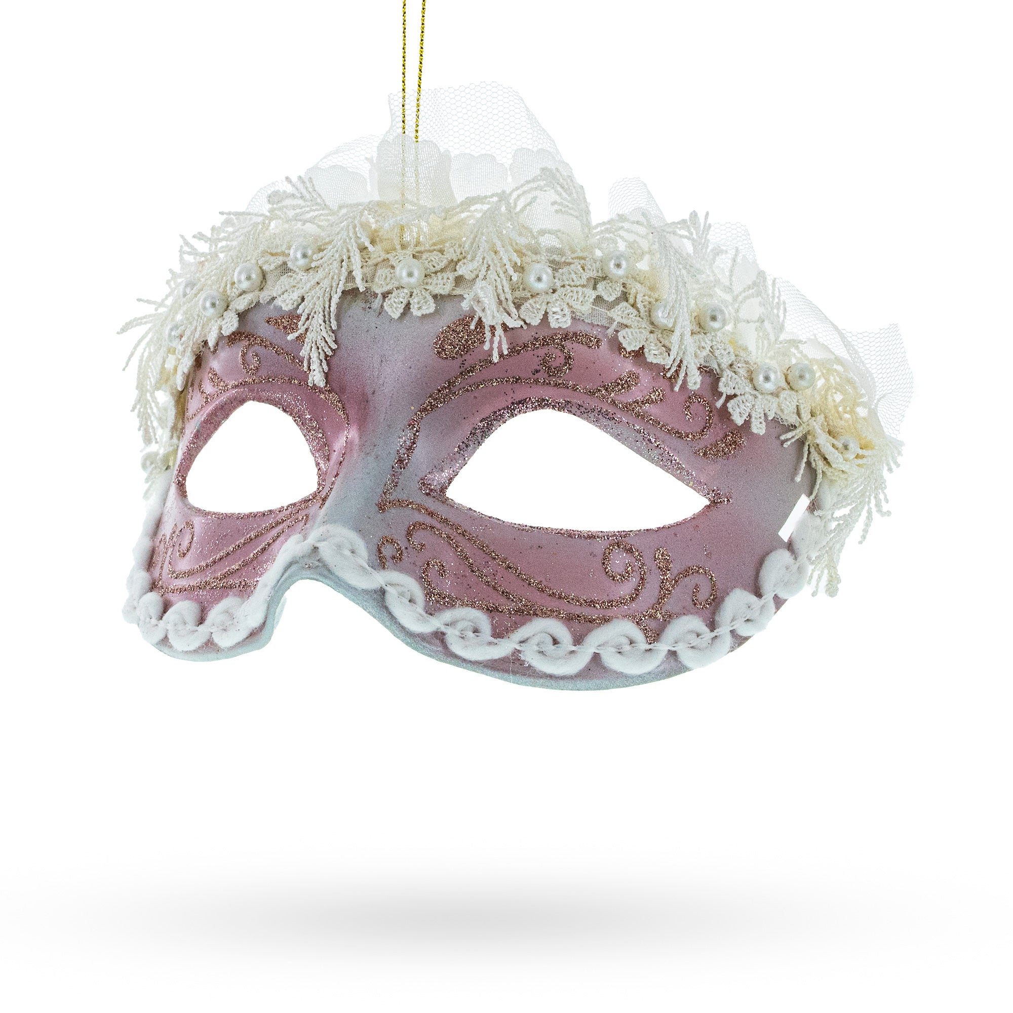 Whimsical Carnival Mask Blown Glass Christmas Ornament in Pink color Figurine