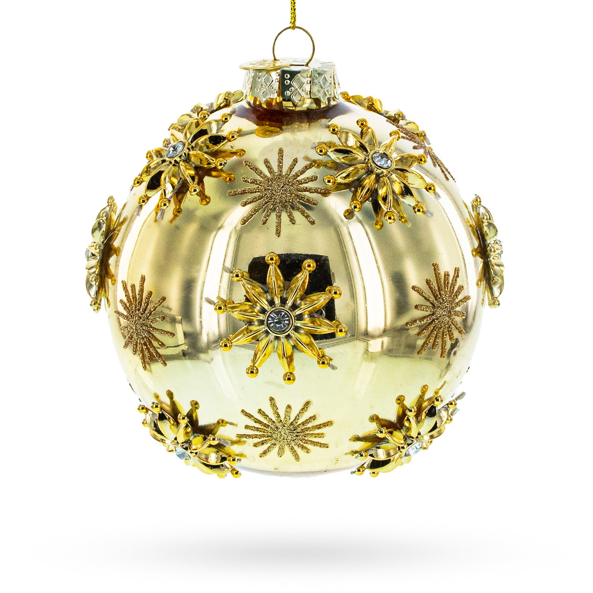 Elegant Jeweled Snowflakes Adorning a Golden Glossy - Blown Glass Ball Christmas Ornament in Gold color, Round shape
