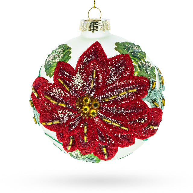Beaded Red Flower Adorning Blown Glass Ball Christmas Ornament in Red color, Round shape