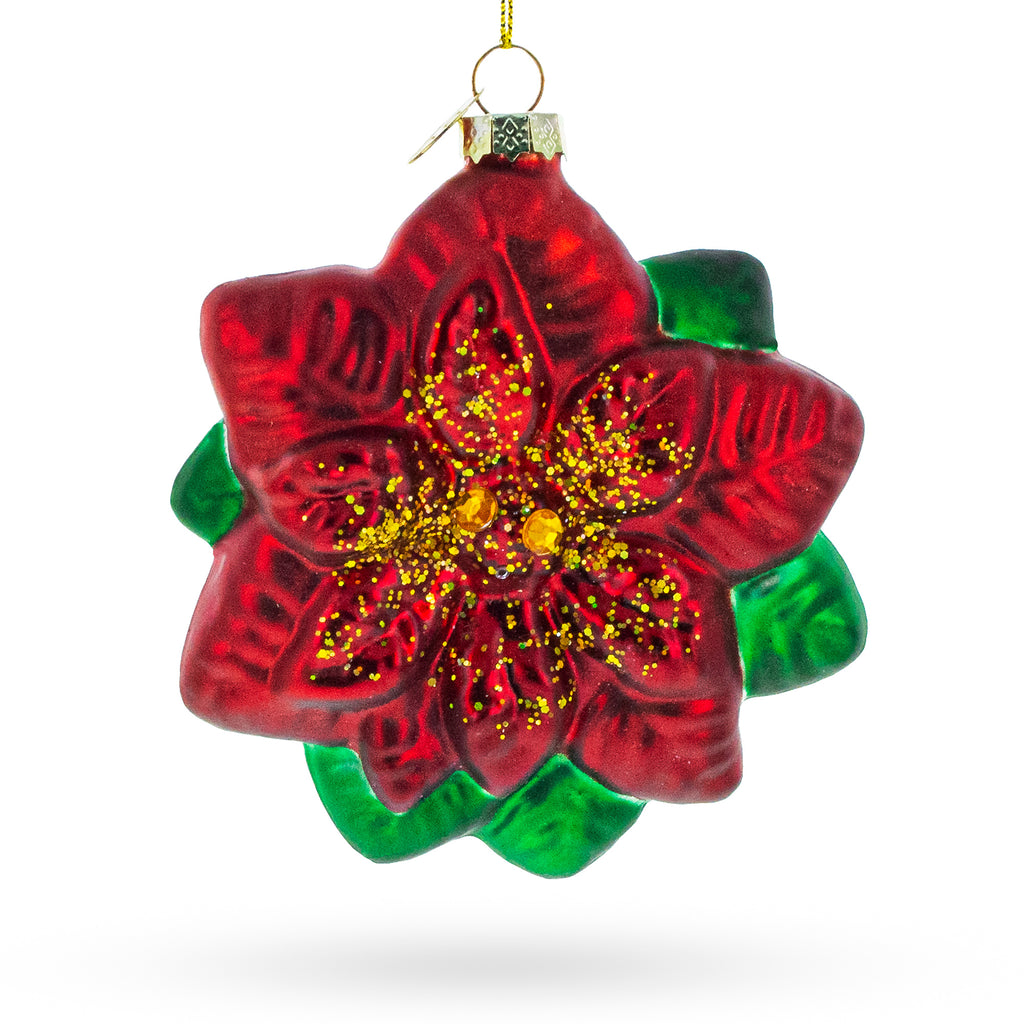 Exquisite Poinsettia Flower Glass Christmas Ornament in Red color Figurine