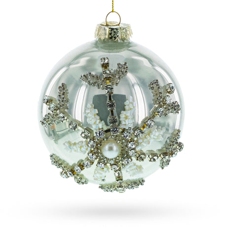Elegant Silver Glitter Snowflake - Blown Glass Ball Christmas Ornament in Silver color, Round shape