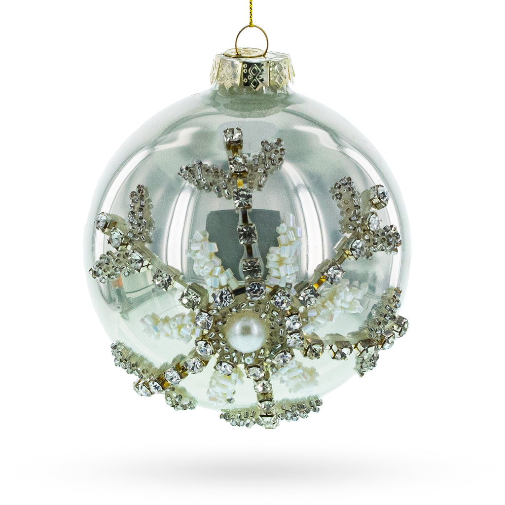 Silver Glitter Snowflake Glass Ball Christmas Ornament in Silver color Round