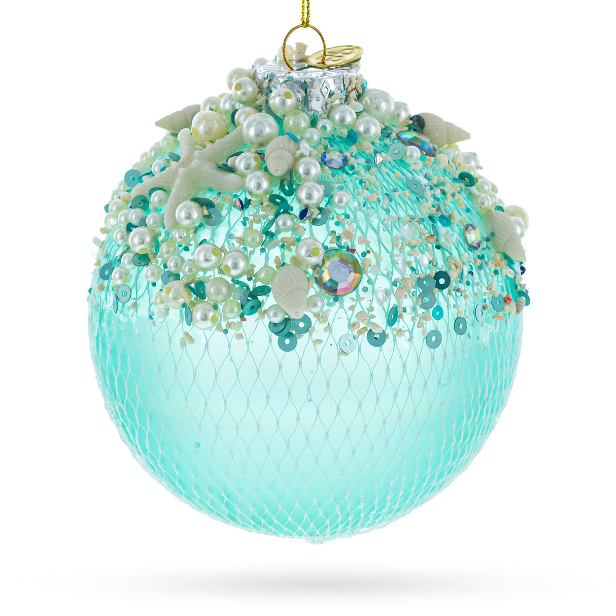 Nautical-Themed - Handcrafted Blown Glass Christmas Ornament in Blue color, Round shape