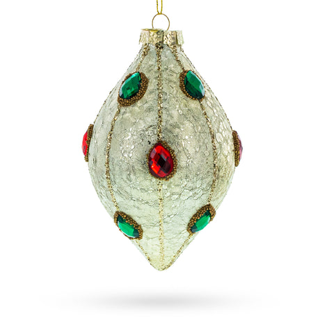 Glass Green and Red Rhombus Blown Glass Christmas Ornament Adorned with Jewelry in Beige color Rhombus
