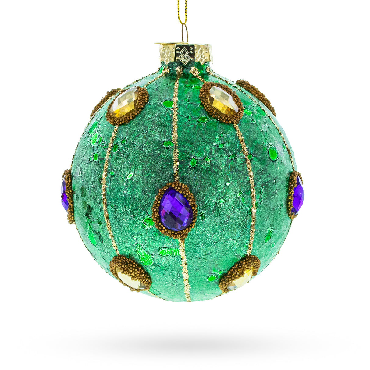 Jeweled Ball - Opulent Blown Glass Christmas Ornament in Green color, Round shape