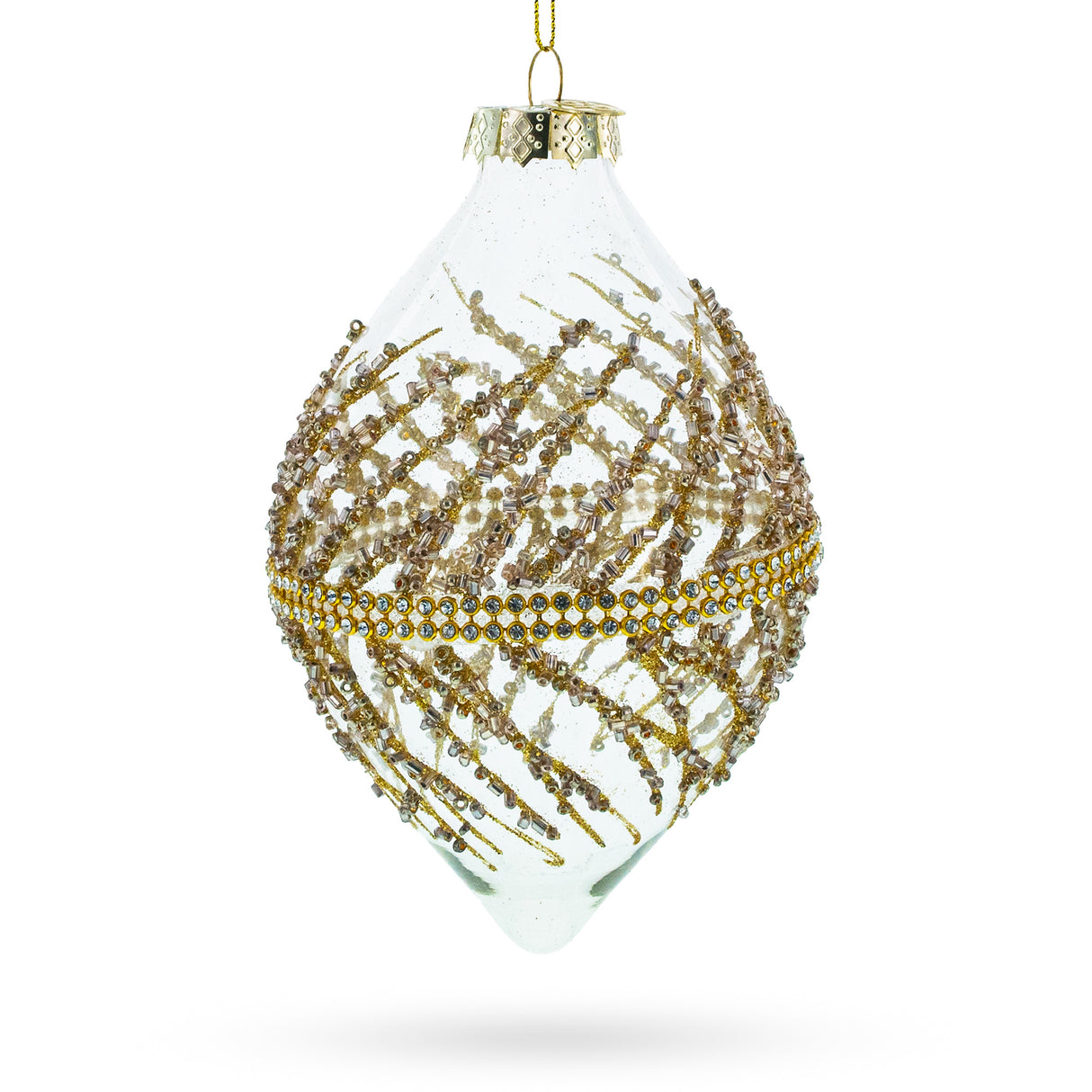 Golden Glitters on Clear Glass - Radiant Blown Glass Christmas Ornament in Clear color, Rhombus shape