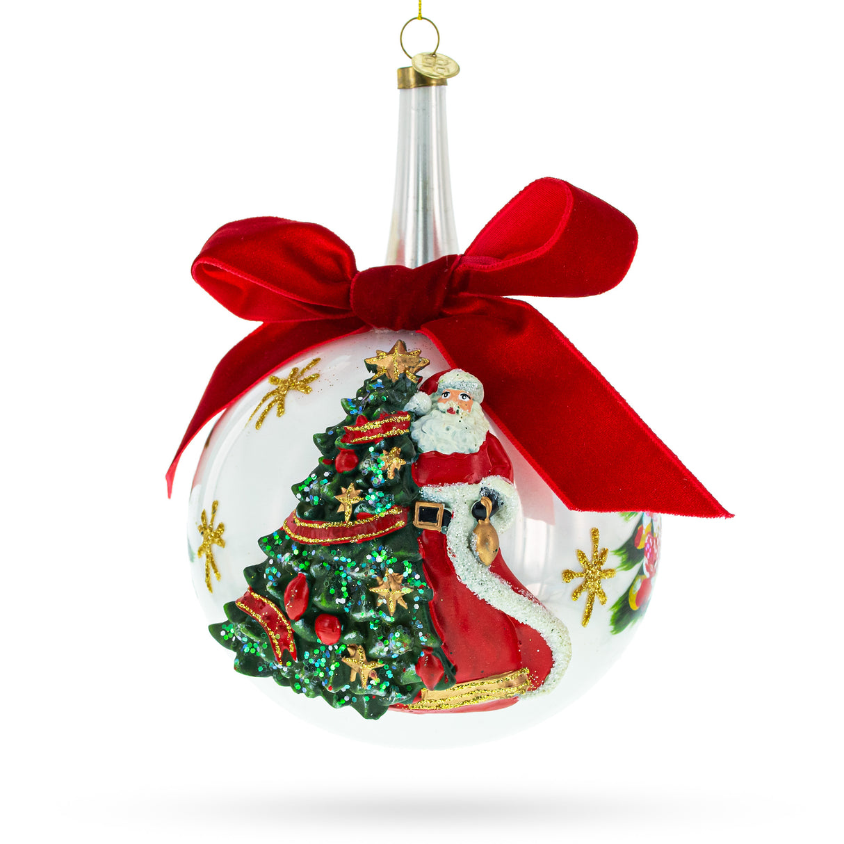 Glass Santa by Tree with Red Bow - Festive Blown Glass Ball Christmas Ornament in White color Round